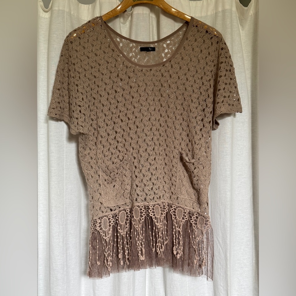 Ryu Beige Crochet Tunic with Lace Fringe